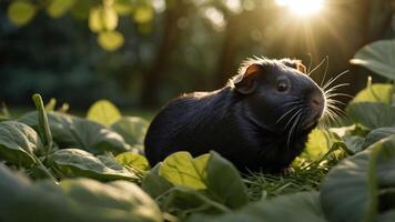 A black guinea pig resting among green leaves with sunlight filtering through trees. photo