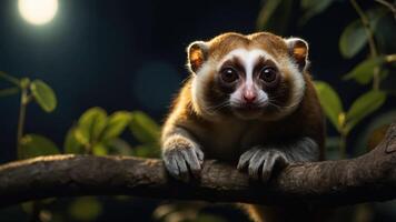 A close-up of a slow loris perched on a branch in a dimly lit environment. photo