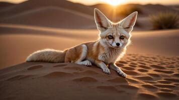 A fennec fox resting on sand dunes during sunset, showcasing its large ears and playful demeanor. photo