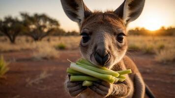 A kangaroo holds a bunch of celery in a sunlit, natural setting. photo