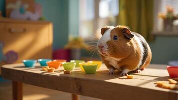A guinea pig sits on a table surrounded by colorful bowls and snacks in a bright room. photo