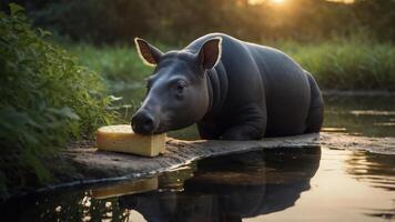 A tapir resting by the water, curiously interacting with a block of cheese. photo