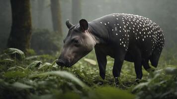 A tapir stands in a misty forest, surrounded by lush greenery and soft light. photo
