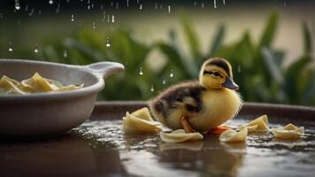 A duckling stands amidst pasta and rain, creating a whimsical and playful scene. photo