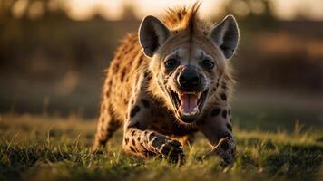 A hyena running in a grassy field, showcasing its powerful build and expressive features. photo