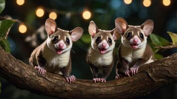 Three cute marsupials perched on a branch, surrounded by soft, glowing lights. photo