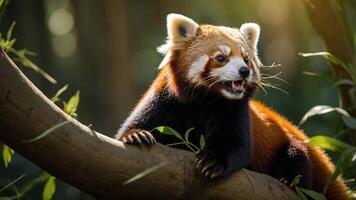 A red panda resting on a branch, surrounded by greenery, showcasing its playful demeanor. photo