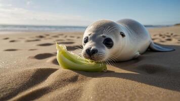 A seal lounging on the beach, playfully nibbling on a piece of celery. photo