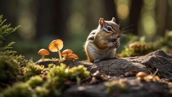 A chipmunk sits on a rock, nibbling on food near mushrooms in a forest setting. photo