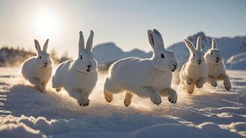 A group of white rabbits running through snowy terrain with sunlight in the background. photo