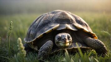 A close-up of a tortoise on grass during golden hour, showcasing its features and environment. photo