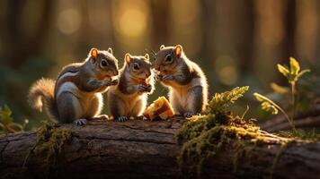 Three squirrels enjoying food on a log in a serene forest setting. photo