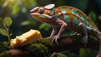 A colorful chameleon perched on a branch near a piece of cheese. photo