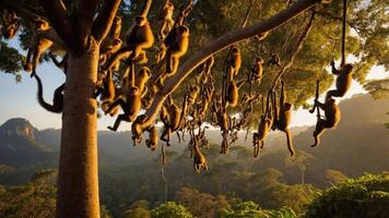 A group of monkeys hanging from a tree in a lush forest during sunset. photo
