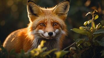A close-up of a red fox with bright eyes in a natural setting. photo