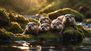 A group of five otters resting on rocks by a serene water body, basking in warm sunlight. photo