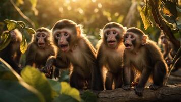 A group of playful monkeys in a lush, sunlit forest setting. photo