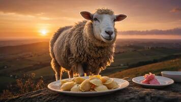 A sheep stands near plates of food at sunset, creating a whimsical outdoor dining scene. photo