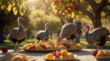 Turkeys feasting on fruit platters under trees in a sunny outdoor setting. photo