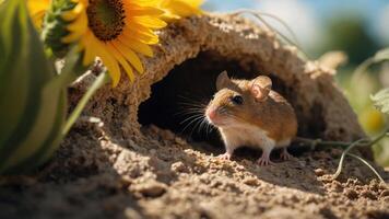 A small mouse emerges from its burrow near sunflowers in a sunny environment. photo