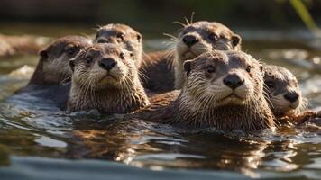 A group of otters swimming together in a serene water environment. photo