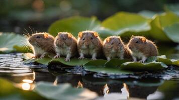 Five cute rodents sitting on lily pads in a serene water setting. photo