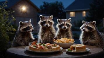 A group of raccoons enjoying a feast at night, gathered around a table with food. photo