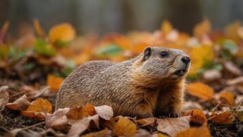 A close-up of a groundhog among colorful autumn leaves in a natural setting. photo