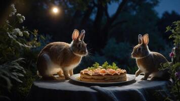 Two rabbits admire a cake on a table in a serene outdoor setting at night. photo