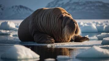 A walrus resting on ice in a serene Arctic landscape. photo