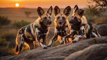 Three African wild dogs playfully interact against a sunset backdrop. photo