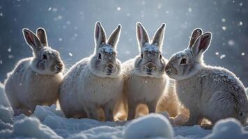 A group of four rabbits in a snowy landscape, creating a serene winter scene. photo