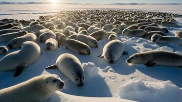 A large group of seals resting on snow and ice in a cold environment. photo