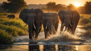 Three elephants wade through a river at sunset, showcasing wildlife in a serene environment. photo