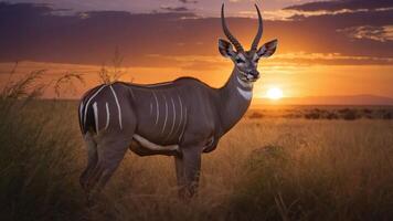 A graceful kudu stands in a golden grassland at sunset, showcasing its majestic antlers. photo