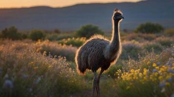 An emu stands gracefully in a sunlit field of wildflowers during sunset. photo