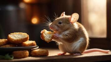 A mouse enjoying a piece of food beside a plate of snacks in a cozy setting. photo
