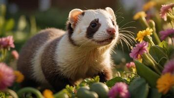 A playful ferret exploring a vibrant garden filled with colorful flowers. photo