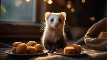 A ferret sits between plates of food, gazing curiously at the viewer in a cozy setting. photo