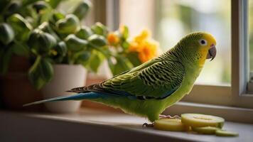 A vibrant parakeet perched by a window, enjoying cucumber slices in a cozy indoor setting. photo