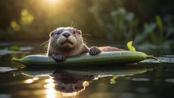 An otter lounging on a cucumber in a serene water setting, basking in sunlight. photo