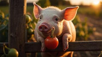 A pig resting on a fence with a tomato, set against a sunset in a field. photo