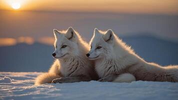 Two arctic foxes resting on snow with a sunset backdrop. photo