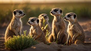 A group of meerkats standing together in a natural setting, showcasing their social behavior. photo