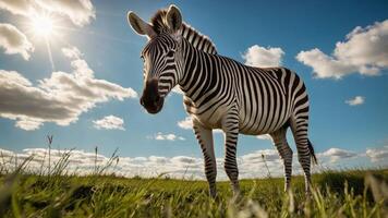 A zebra stands in a grassy field under a bright sky with clouds. photo