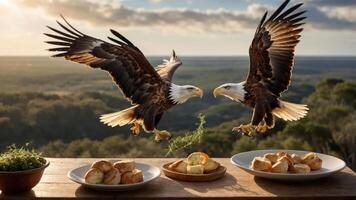 Two eagles swoop down towards a table of food against a scenic landscape backdrop. photo