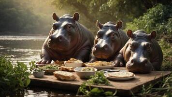 Three hippos gathered around a picnic spread by the riverbank. photo
