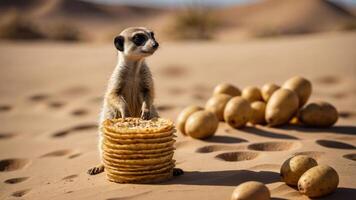 A meerkat stands beside a stack of crackers and scattered potatoes in a sandy environment. photo