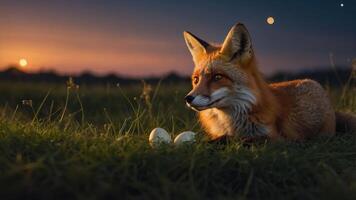 A fox rests beside two eggs during a serene sunset in a grassy field. photo