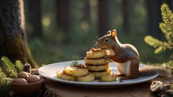 A squirrel enjoying a stack of food in a serene forest setting. photo